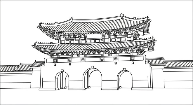 Traditional Asian Palace Gate Architectural Line Drawing.