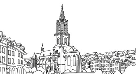 Fototapeta premium Detailed black and white illustration of historic church building.