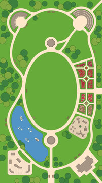 Detailed Aerial View of a Symmetrical Park Layout with Green Spaces and Water Features.