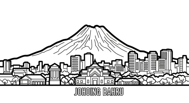 Illustrated cityscape with iconic mountain skyline view.