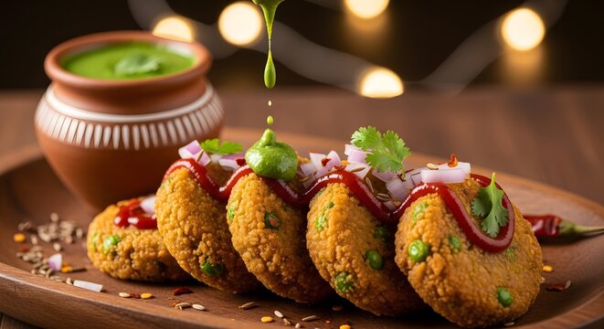 Action Shot of Mint Chutney Pouring on Indian Aloo Tikki Cutlets