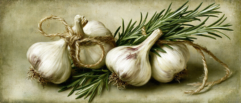 Rustic Garlic and Rosemary Herb Bundle Vintage Kitchen Still Life Painting AI Generative