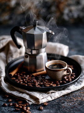 Fresh Espresso Coffee with Moka Pot and Cinnamon Cozy Still Life AI Generative