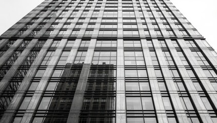 Fototapeta premium Low angle architectural shot of tall glass skyscraper facade with modern steel grid structure reflecting surrounding city buildings under overcast sky in urban environment