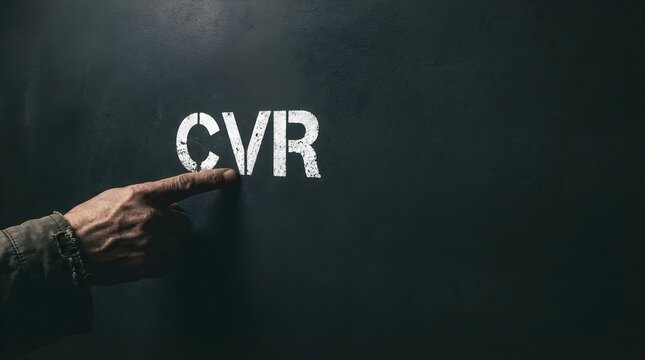 A person points at the cvr acronym representing conversion rate on a dark textured chalkboard background