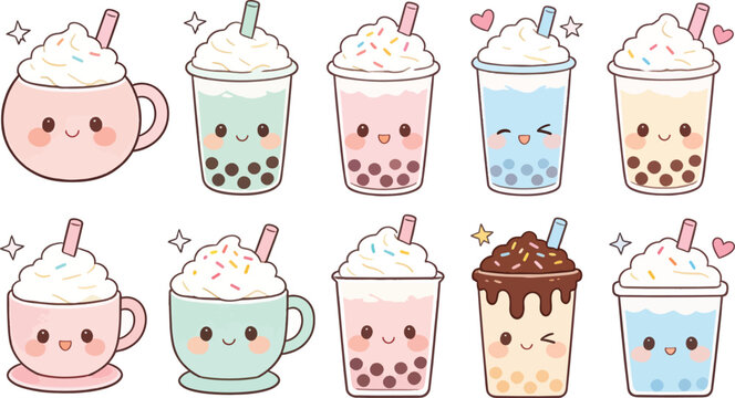 Kawaii Bubble Tea Drink Collection Vector Illustration