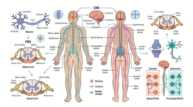 Human Nervous System Anatomy Central and Peripheral with Neurons and Spinal Cord Cross-sections