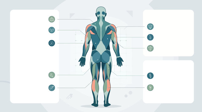 Flat vector illustration of the human muscular system, showcasing detailed anterior and posterior views with highlighted muscle groups and educational information