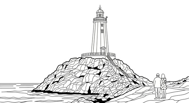 Isolated Lighthouse on Rocky Coastal Outcrop Drawing.