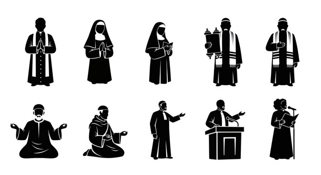 Diverse Religious Figures Silhouettes: Clergy, Nuns, Monks, Rabbi, Imam