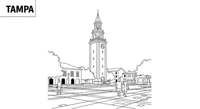 Hand Drawn Sketch of Historic Clock Tower Building.