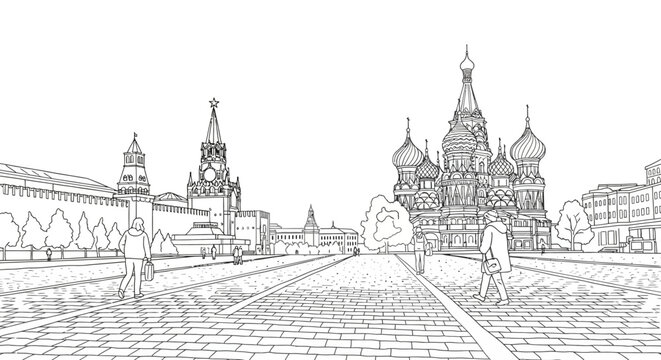 Detailed sketch of iconic Red Square and Kremlin architecture.