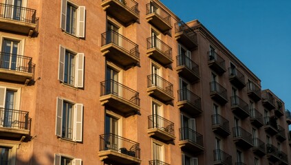 Fototapeta premium Classic European apartment building facade with multiple balconies and white wooden shutters at golden hour light against clear blue sky in historic city center architecture