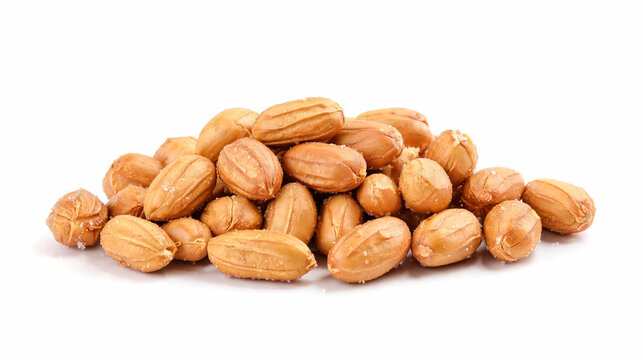 Salted peanuts snack, roasted peanut pile on white background, crunchy savory nuts, healthy protein snacks, isolated golden brown beer snack, roasted peanuts