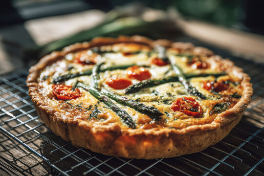 Homemade Asparagus and Tomato Quiche Fresh from the Oven. AI generative.