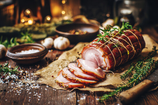 Rustic Smoked Pork Loin with Herbs on Wooden Table .AI Generative