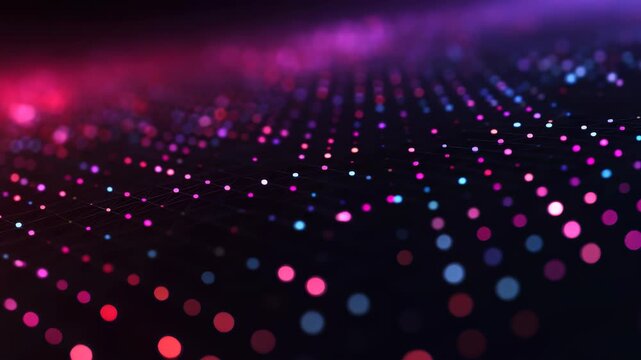Abstract visualization of digital data flow with luminous neon dots on a dark gradient background. Futuristic and trendy technology theme perfect for innovation, AI, and creative digital projects