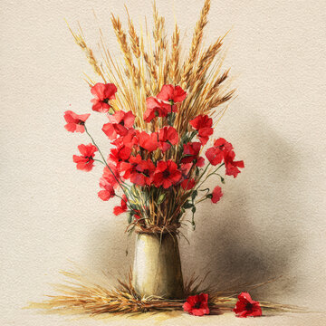 Vintage Botanical Bouquet of Red Carnations and Wheat on Rustic Paper. AI generative.