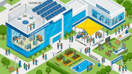 Fototapeta premium Isometric view of a modern sustainable community with green technology.