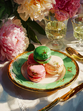 Pastel Macarons and Peonies Still Life &ndash; AI Generative