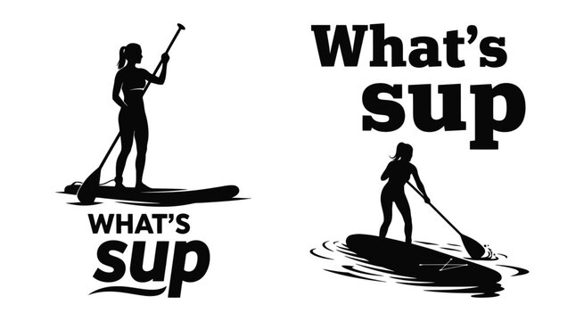 Woman silhouette paddle boarding with Whats Sup text design