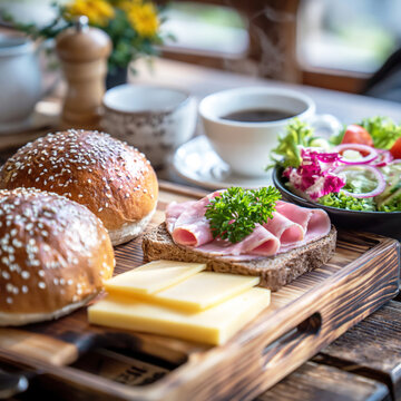 Gourmet Ham and Cheese Sandwich with Fresh Herbs and Coffee. AI generative.