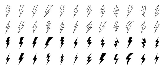 Obraz premium Lightning bolt vector icon set, black lightning icon designs on white background, Symbols of energy, power, electric storm, flash charge, ideal for web, print, logo design.