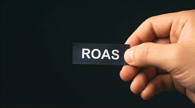 Human hand holding a black paper card with roas text for digital marketing performance and advertising analysis