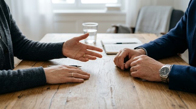 Two people engaged in a serious discussion or negotiation at a wooden table with documents and a glass of water, showing hands and arms.