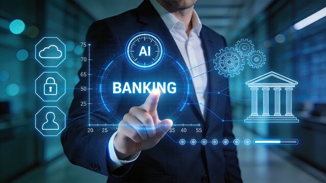 Artificial intelligence in banking and fintech, digital finance transformation, secure cloud computing for banks, automated financial services, businessman touching virtual