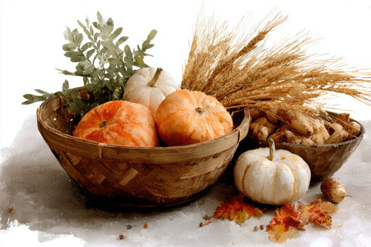 Autumn Harvest Basket Watercolor &ndash; AI Generative
