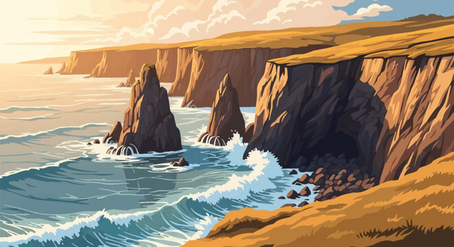 Vector illustration of steep coastal cliffs and jagged sea stacks illuminated by golden hour sunlight with crashing ocean waves hitting the rocky shoreline and a small sea cave.