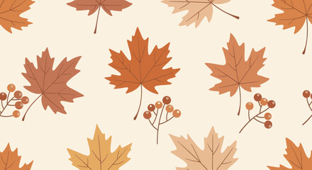 Fototapeta premium Autumn Maple Leaves and Berries Seamless Pattern.