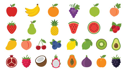 Obraz premium Diverse Assortment of Fresh Fruits and Berries Collection Healthy Diet Food Icons Flat Design Style