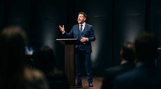 A confident male speaker in a suit delivers a presentation from a podium to an audience in a dark auditorium.