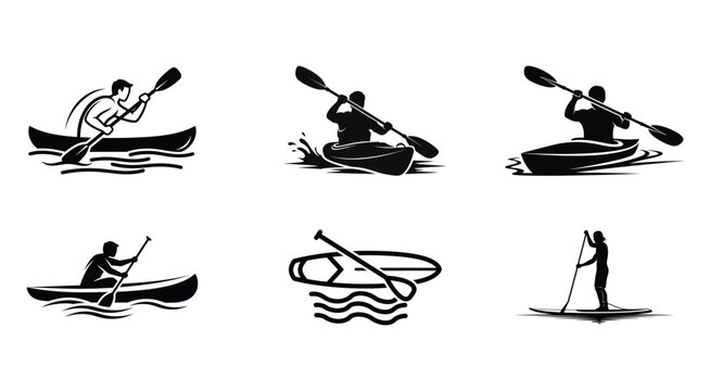 Black and white set of kayaking and paddle board icons