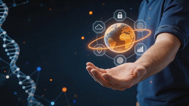 Businessman hand holding digital earth globe with global network icons, data security, cloud computing and technology concept on dark background.