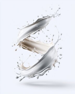 Two swirling splashes of cream and milk intertwine dynamically against a light background, creating an artistic, fluid spiral in mid-air.
