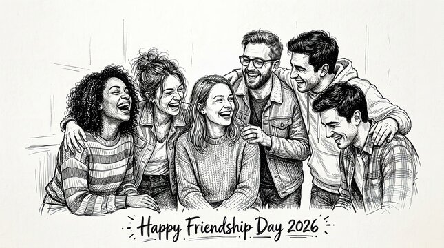 Group of cheerful young diverse friends laughing together while celebrating a special occasion in this detailed black and white sketch style illustration that is presented for you on transparent backg