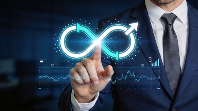 Businessman touching glowing infinity symbol loop, continuous growth, sustainable development, circular economy, financial strategy, investment cycle, corporate success, data