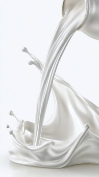 Fresh milk pours smoothly from a container, creating dynamic splashes and ripples on a clean white surface.