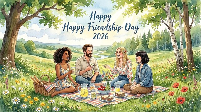 Four diverse friends enjoy a cheerful outdoor picnic with fresh food and drinks in a sunny meadow during the annual summer holiday celebration depicted in this watercolor painting on transparent backg