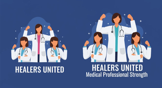 Two sets of flat vector illustrations depicting female doctors in white lab coats and stethoscopes, central figures flexing muscles, with Healers United text on a dark blue background.