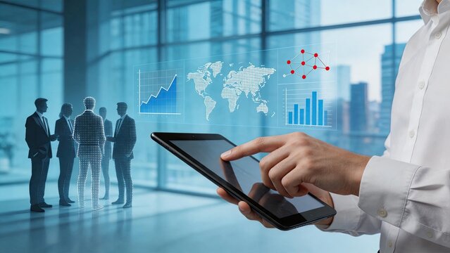 Digital business network concept with world map data visualization bar charts line graphs and team silhouettes displayed on tablet screen in modern office building glass window