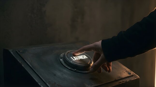 Finger pressing illuminated launch button on industrial control panel in dark room