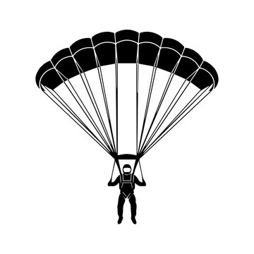 Skydiving man jumping from airplane with parachute in blue sky