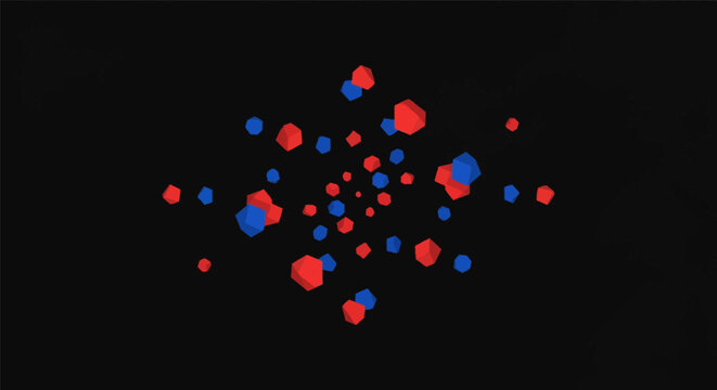 Abstract composition featuring three-dimensional red and blue geometric polyhedral shapes floating and spiraling outward from a central point on a solid black background.