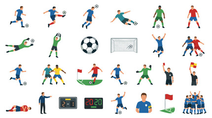 Fototapeta premium Diverse soccer actions and elements depicted in a flat graphic style illustrating the dynamic sport and its associated graphics