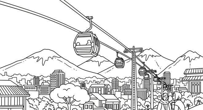 Urban cable car system with scenic mountain backdrop illustration.