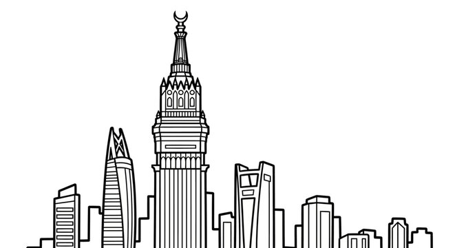 Illustrated city skyline with prominent clock tower building.